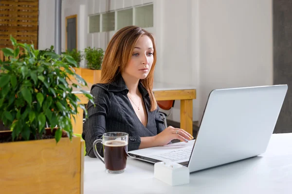 Business, technology and green office concept - young successful businesswoman with laptop computer at office. Woman using tablet computer or having a coffee break.