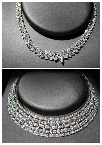 Set of luxury jewelry made of white gold or silver and diamonds. Luxury women accessories on stands.