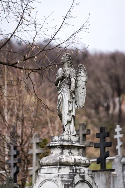 Old tombstone sculpture of an angel with broken arm and wings on the cemetery.