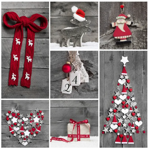 Collage of different red, white and grey christmas decoration on