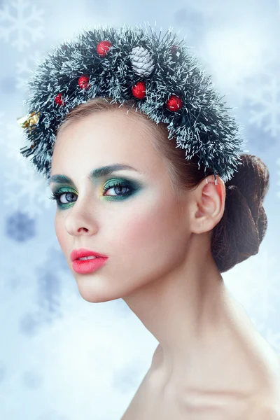 Beauty Christmas Girl. Beautiful Christmas wreath. New Year