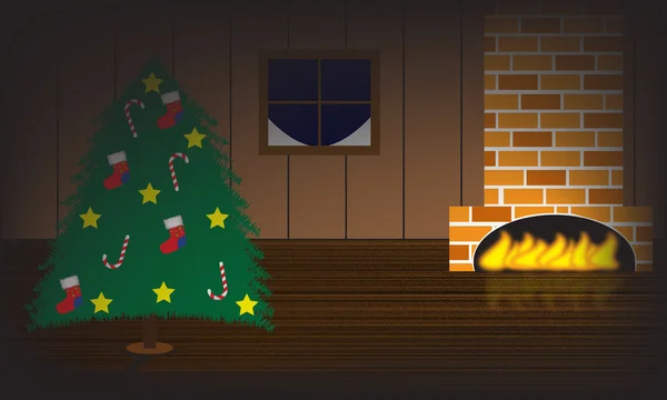 Christmas tree illustration with fireplace and christmas tree