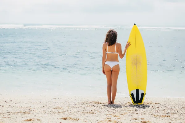 Rear view of beautiful sexy young woman surfer girl in bikini with color surfboard on a beach
