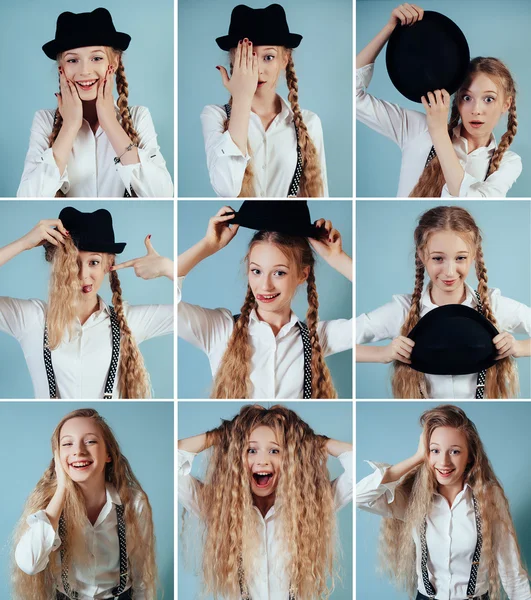 Collage of blonde girl with different facial expressions. Nine b