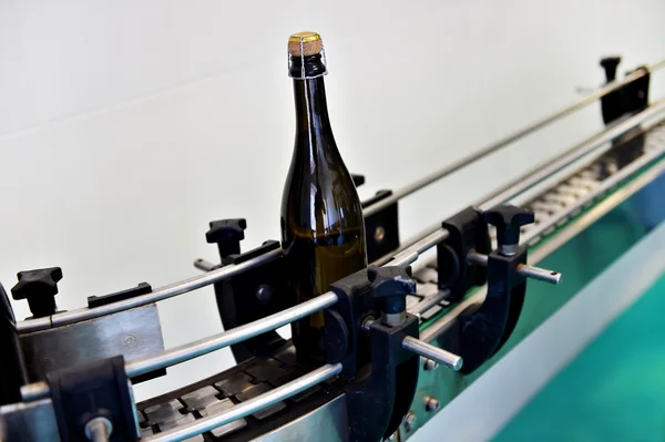 Champagne bottles on conveyor belt