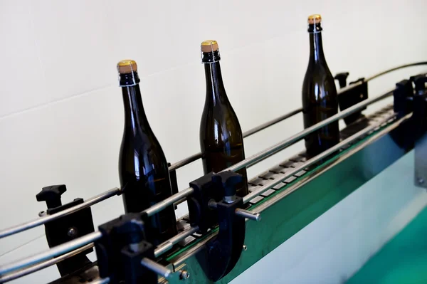 Champagne bottles on conveyor belt