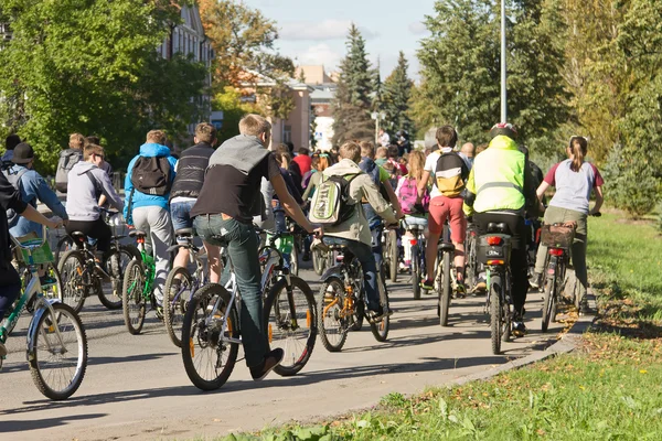 Many unidentified people on bicycles involved in urban cycling holiday, with their back