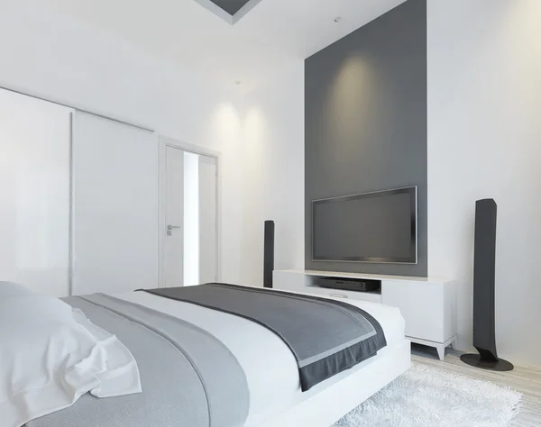 TV console with speakers in the modern bedroom.