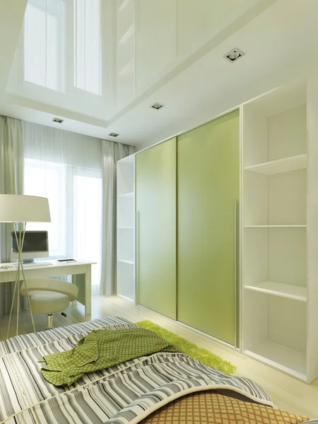 Room for teenager in modern with a large sliding closet.