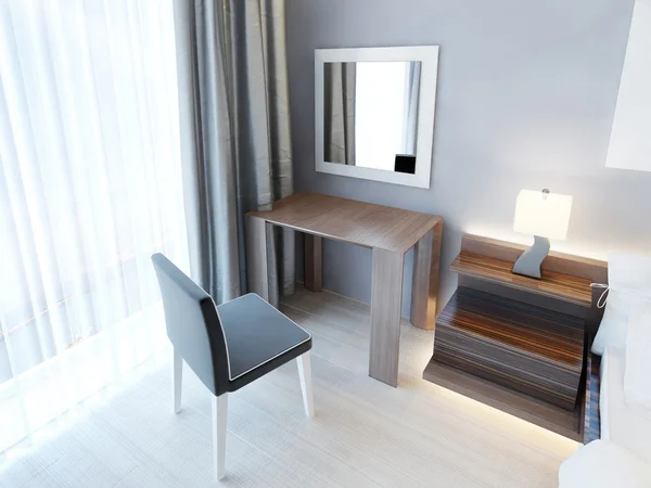 Modern dressing table with chair and mirror.