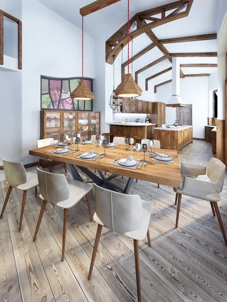 Dining room with a modern country-style kitchen.