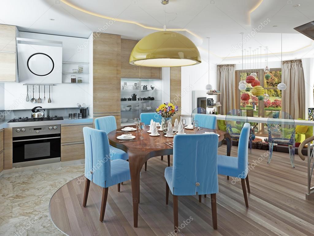 Moderna sala da pranzo con cucina in un kitsch stile trendy — foto ...