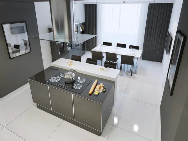 Techno black and white kitchen interior with white flooring