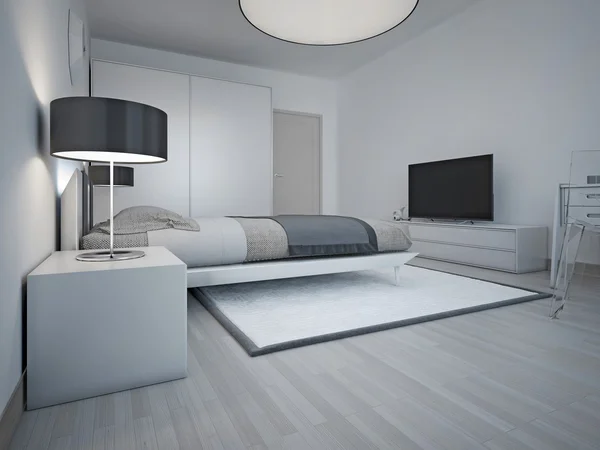 Idea of spacious modern bedroom with grey walls