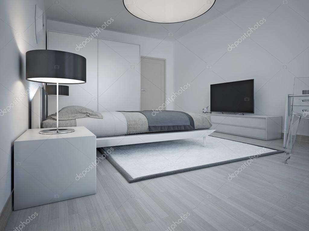 Idén med rymliga moderna sovrum med grÃ¥ väggar — stockfotografi ...