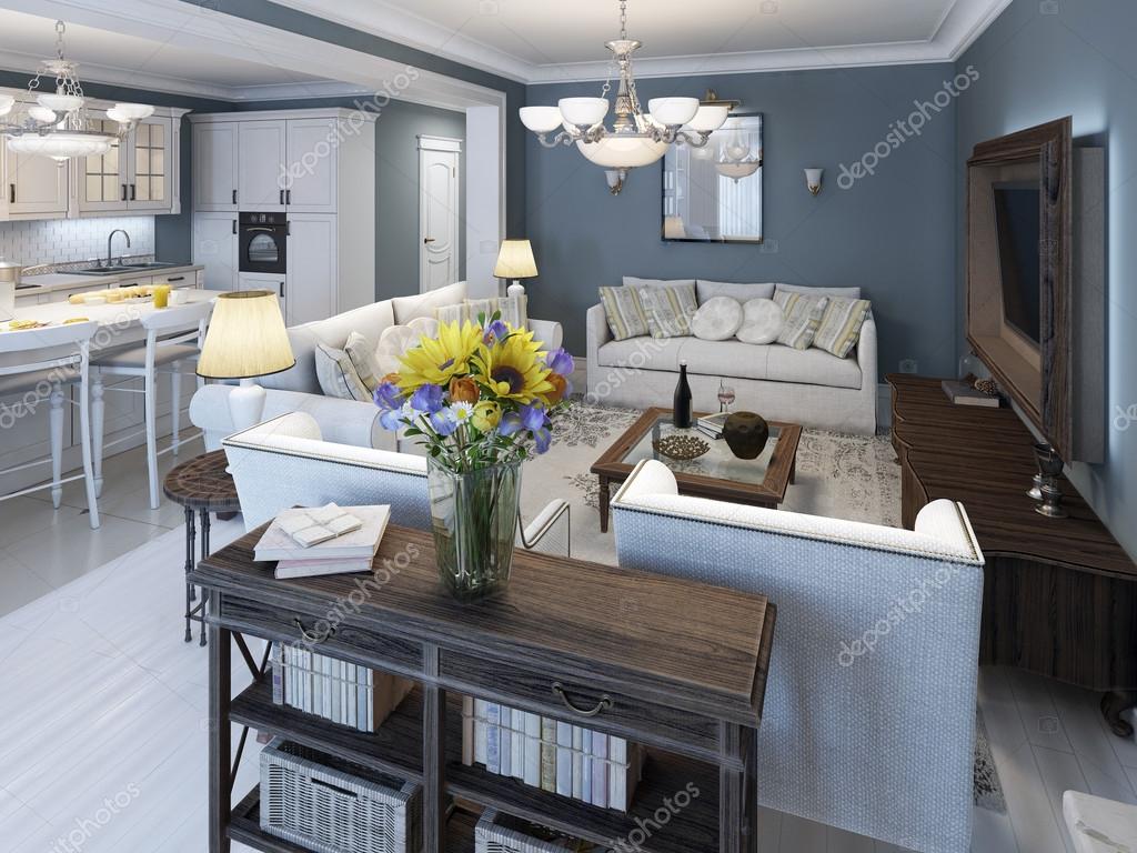 De mediterrane stijl woonkamer met blauwe muren — stockfoto ...