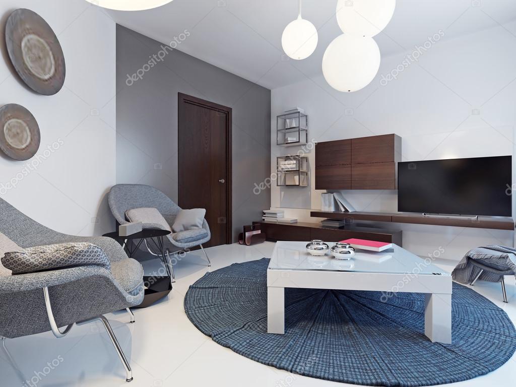 Vita vardagsrum med tv ställ och bokhyllor — stockfotografi ...
