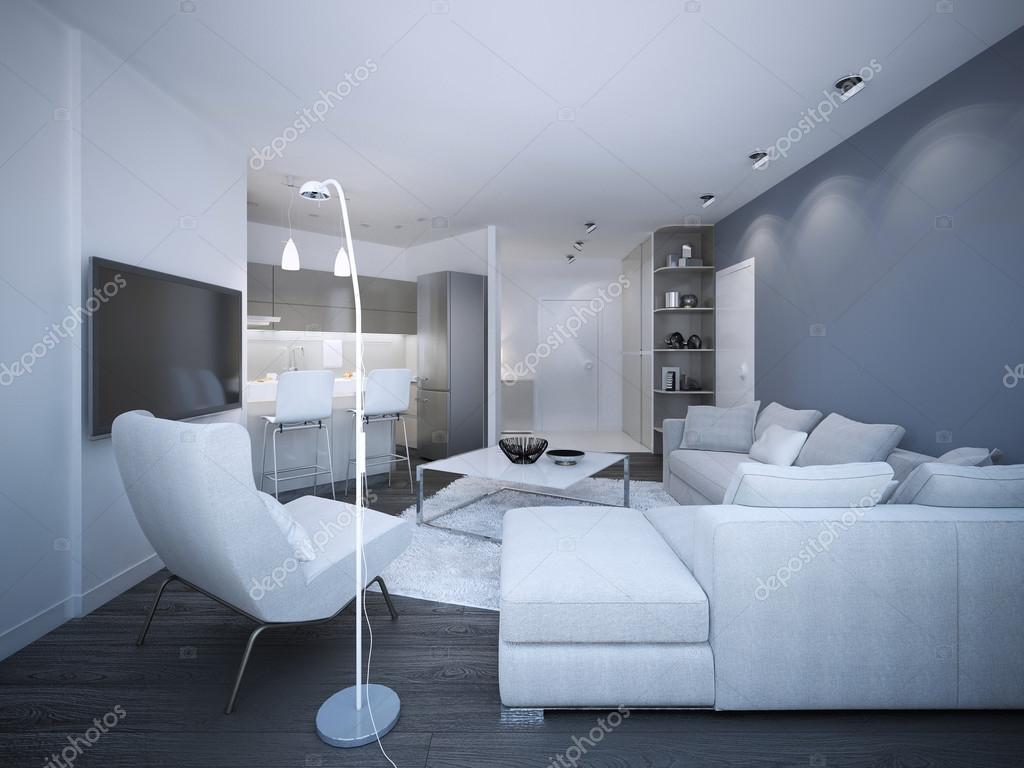 Witte elegante studio appartement — stockfoto © kuprin33 #83419548 Keuken glanzende blauwe