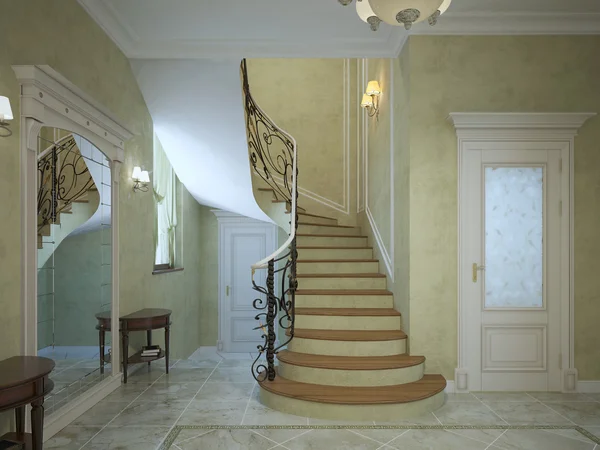 Spiral staircase in art deco hallway