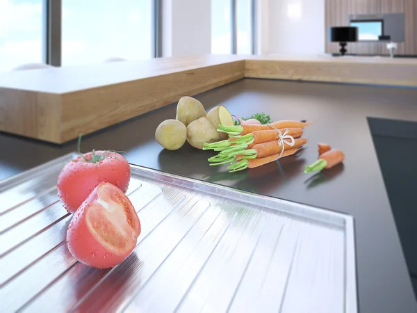 Modern kitchen interior with fresh vegetables on natural stone countertop