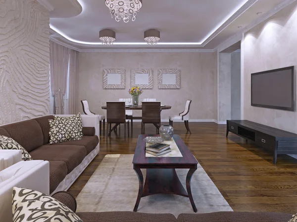 Elegant lounge room design in cream and brown