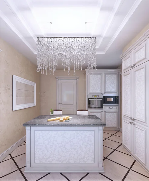 Interior of new white kitchen with pattern-front cabinets