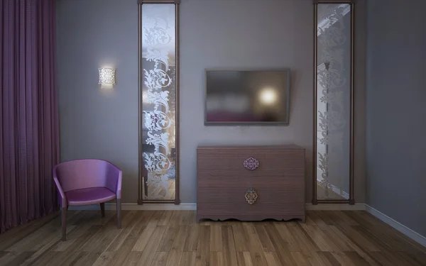 Wall with TV, mirrors, armchair
