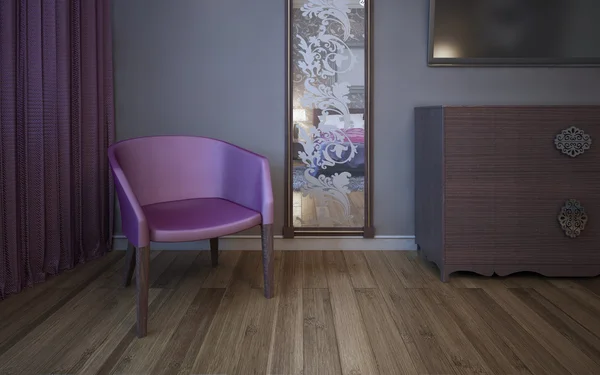 Single dark pink armchair near wall with patterned mirror