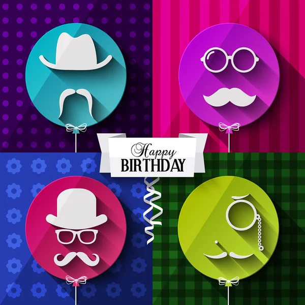 Birthday card. Colorful baloons in flat design. Silhouettes on hipster style. Mustaches.