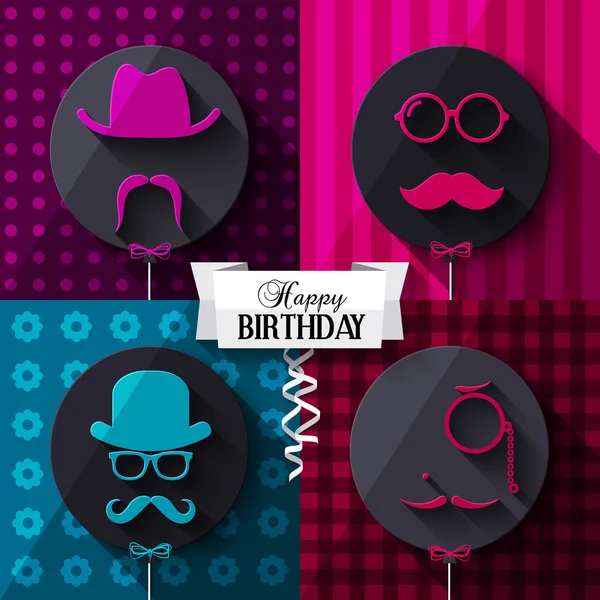 Birthday card. Colorful baloons in flat design. Silhouettes on hipster style. Mustaches.