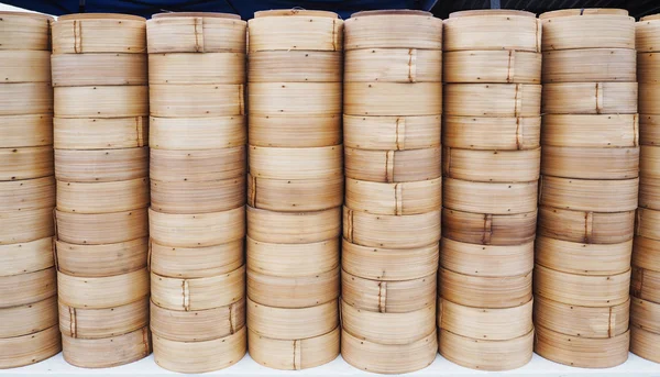 Stack of bamboo steamed dim sum container