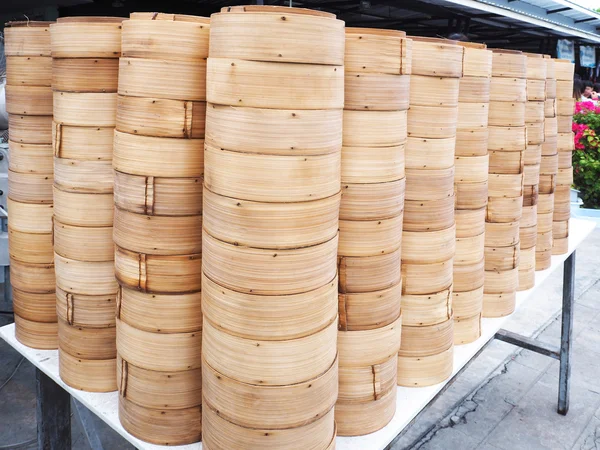 Stack of bamboo steamed dim sum container