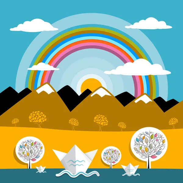 Mountains Vector Landscape Nature Paper Mountains and River Illustration with Sun and Rainbow