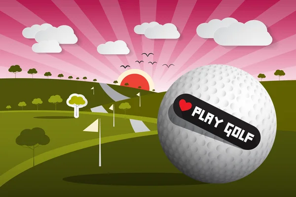 Golf Ball Vector Illustration on Field with Sun and Sky and Heart Shape Love Play Golf Title