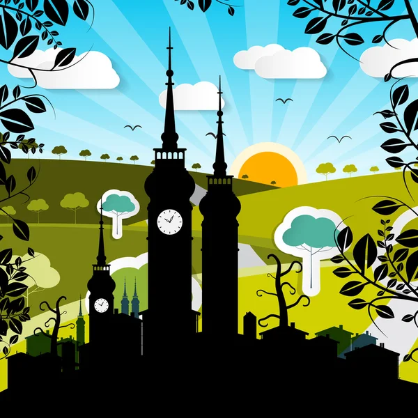 Vector Urban Landscape with Houses and Tower Silhouette on Landscape - Field Background
