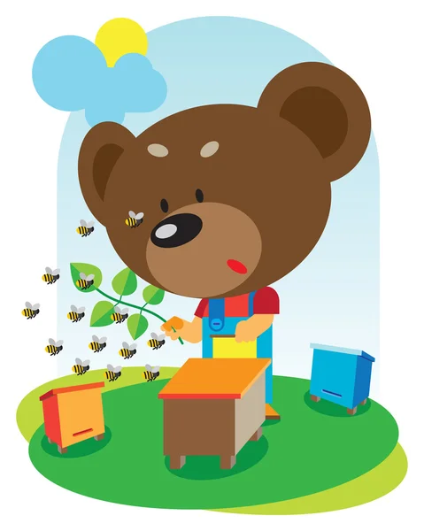 Little Bear standing near a beehive with bees