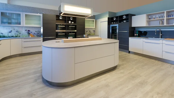 Large designer kitchen with island rounded corners and lacquered fronts
