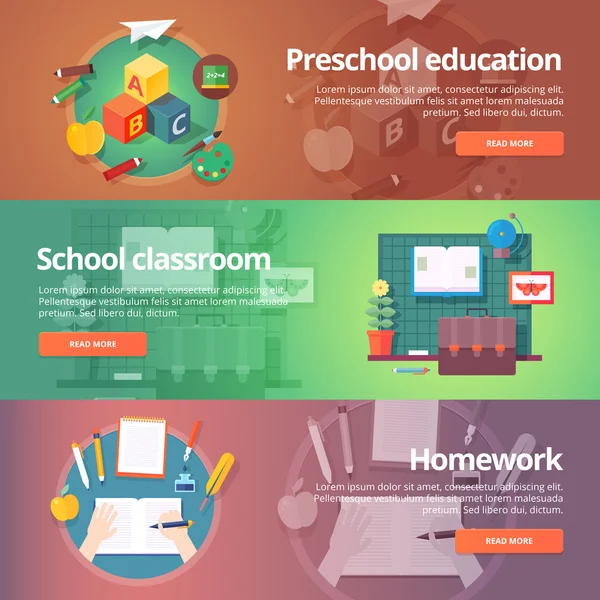 Preschool education. Kindergarten. Childhood. School classroom. Homework making. Education and science banners set. Vector design concept.