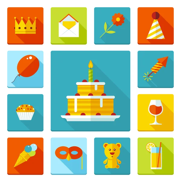 Set of flat vector birthday party icons. Holiday, wedding, jubilee, celebrating of event.