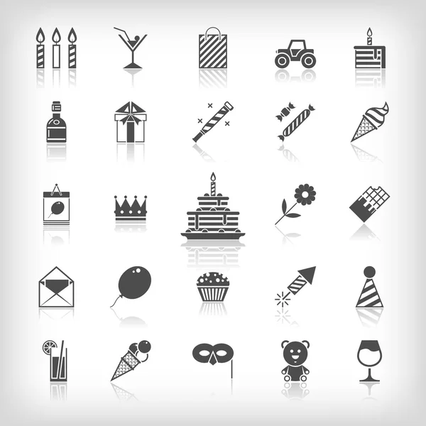 Collection of birthday, jubilee, holiday, celebrating party icons. Black silhouettes isolated on white background.