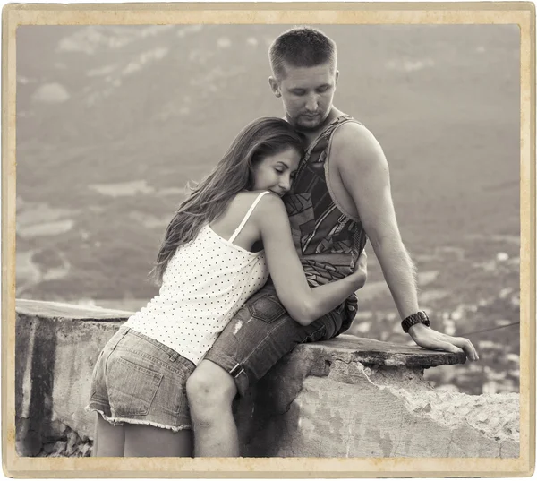 Couple in love together summer time outdoors black and white