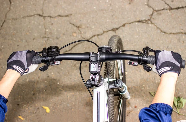 Hands in gloves holding handlebar of a bicycle