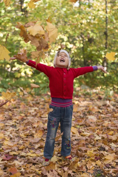 Cheerful child among the falling leaves