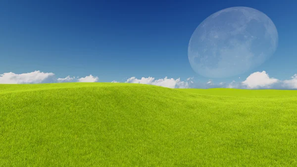 Moon and spring green meadow Nature 3D rendering