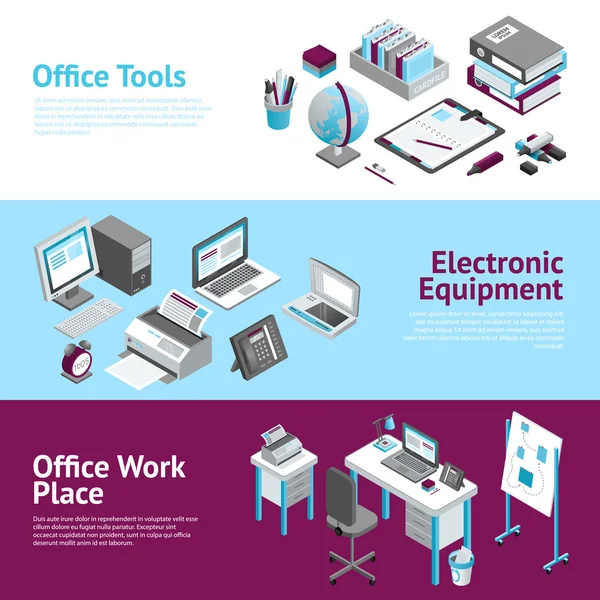 Office Work Place Isometric Banners Set