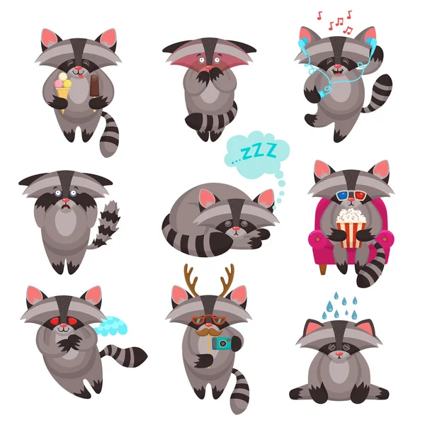 Racoon emotions stickers set