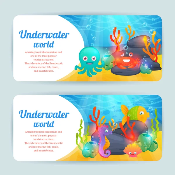 Underwater sea animals horizontal banners set