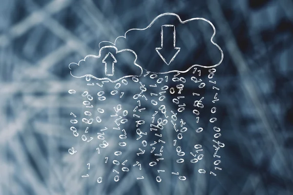 Upload & download clouds with binary code rain