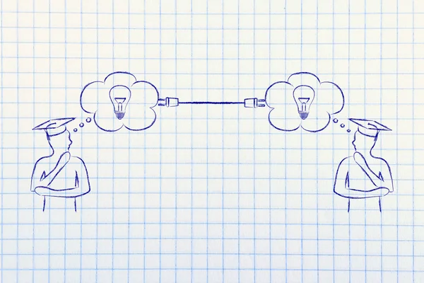 Men with thought bubbles connected with a plug