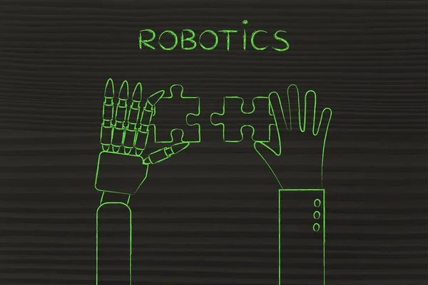 Human and robot hands solving a puzzle, robotics